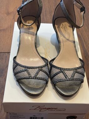 Vince Camuto Gunmetal Mesh Open-Toe Ankle Strap Heels